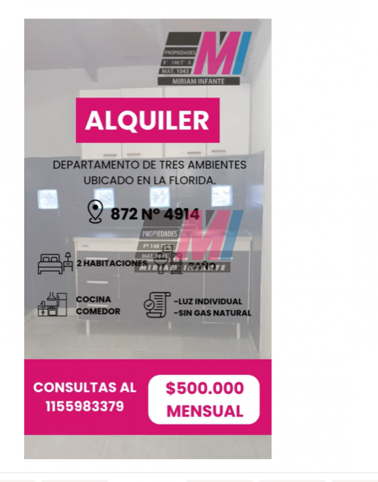 Departamento 3 ambientes en alquiler