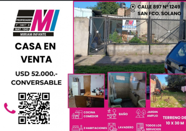 CASA EN VENTA 3 AMBIENTES EN SOLANO